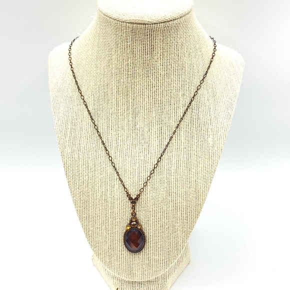 1928 Amber Faceted Colored Glass Cabachon Drop Necklace Antiqued Copper Tone - Picture 6 of 6